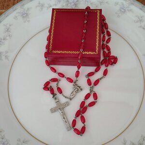 Vintage Rosary Clear Red Lucite Bead Silver Crucifix Catholic Autom Necklace